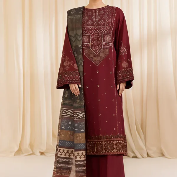 3 PC EMBROIDERED DHANAK SUIT - SW609
