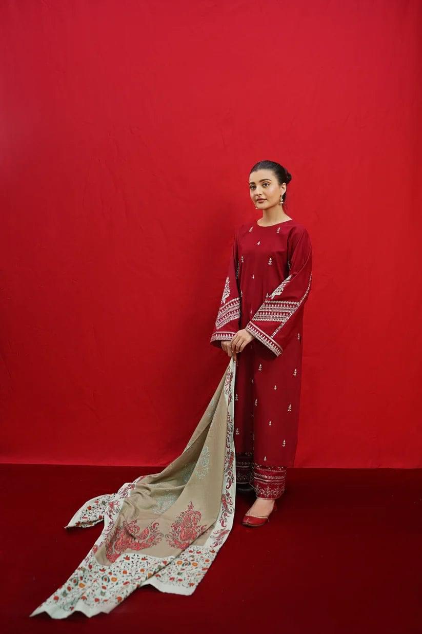 3 PC EMBROIDERED DHANAK SUIT - SW826 - Image 1